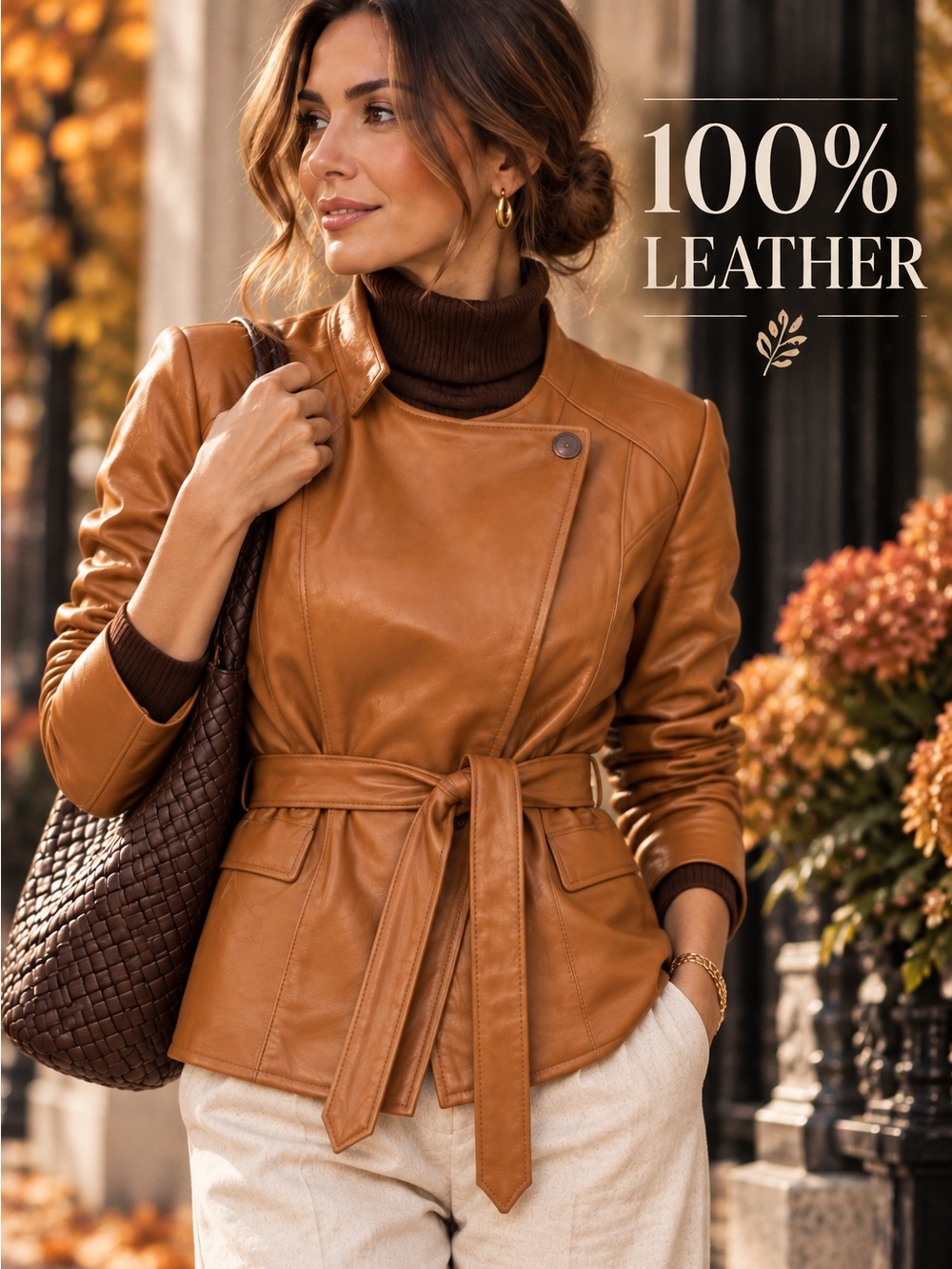 Isaac Mizrahi Live Genuine Leather Belted Jacket Cognac Brown Size 12